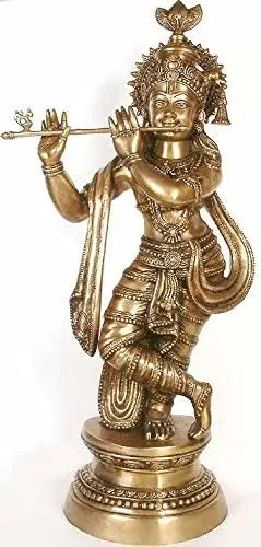 36" Large Handmade Lord Krishna Brass Statue for Home Decor