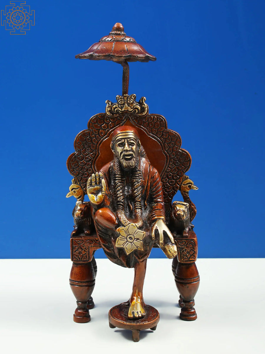 7" Handmade Sai Baba Brass Idol on Throne for Spiritual Decor