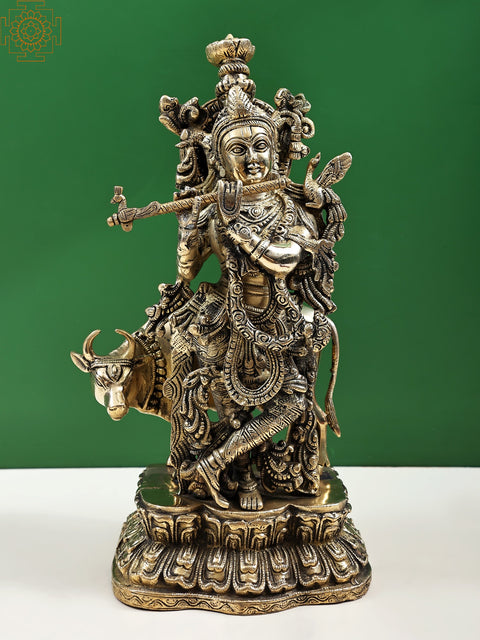 16" Murlidhar Krishna with Cow In Brass | Handmade