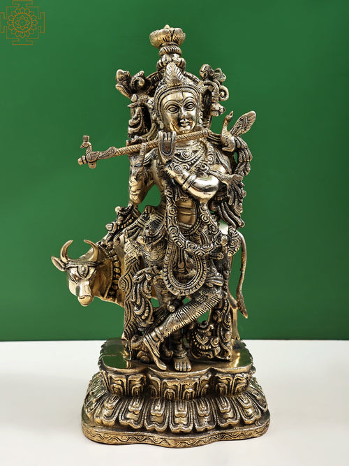 16" Handmade Murlidhar Krishna with Cow Brass Statue