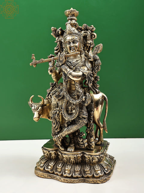 16" Murlidhar Krishna with Cow In Brass | Handmade