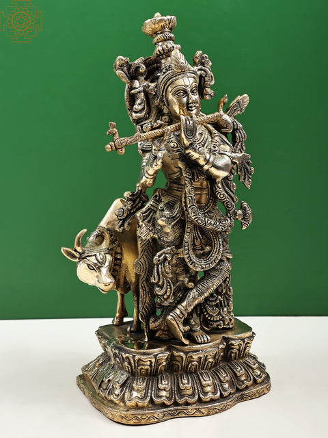 16" Murlidhar Krishna with Cow In Brass | Handmade
