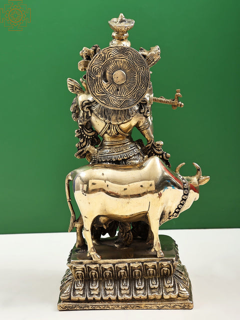 16" Murlidhar Krishna with Cow In Brass | Handmade