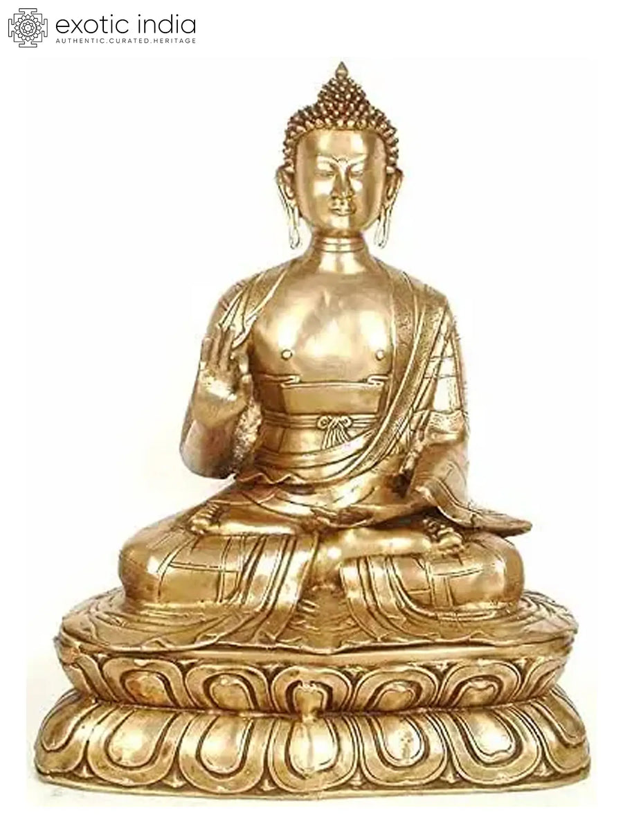 26" Large Brass Buddha Statue on Double Lotus Pedestal Handmade