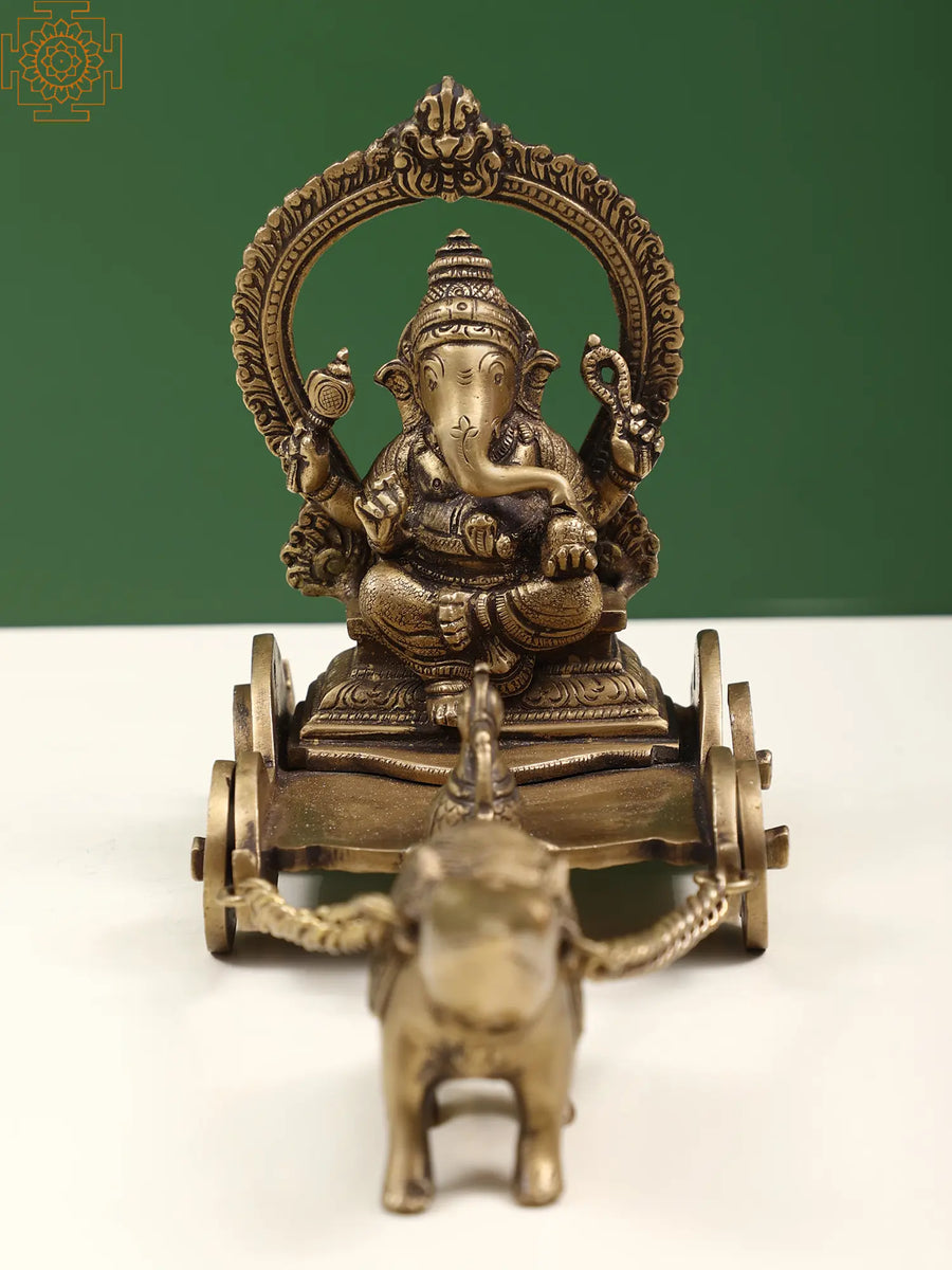 6" Ganesha on Mouse Chariot Brass Statue for Home Decor