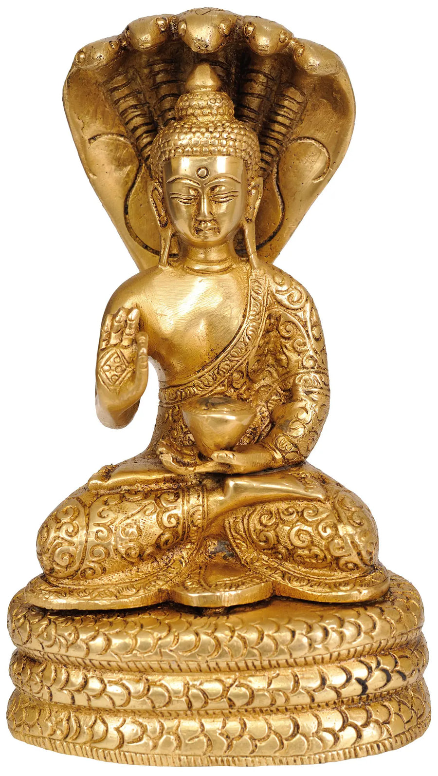 7" Brass Buddha with Serpent Muchalinda Handmade Idol