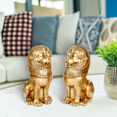 Temple Lions Sculpture in Brass | Animal Figurines for Home Decor