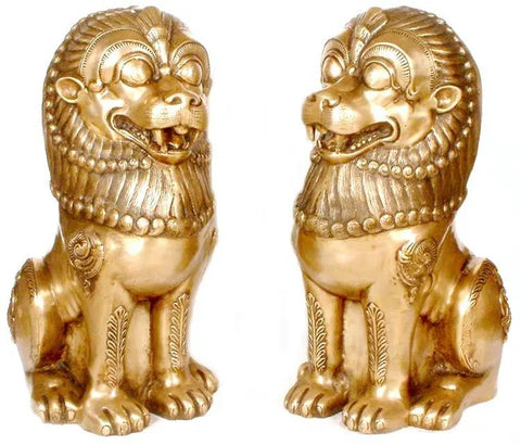 Temple Lions Sculpture in Brass | Animal Figurines for Home Decor