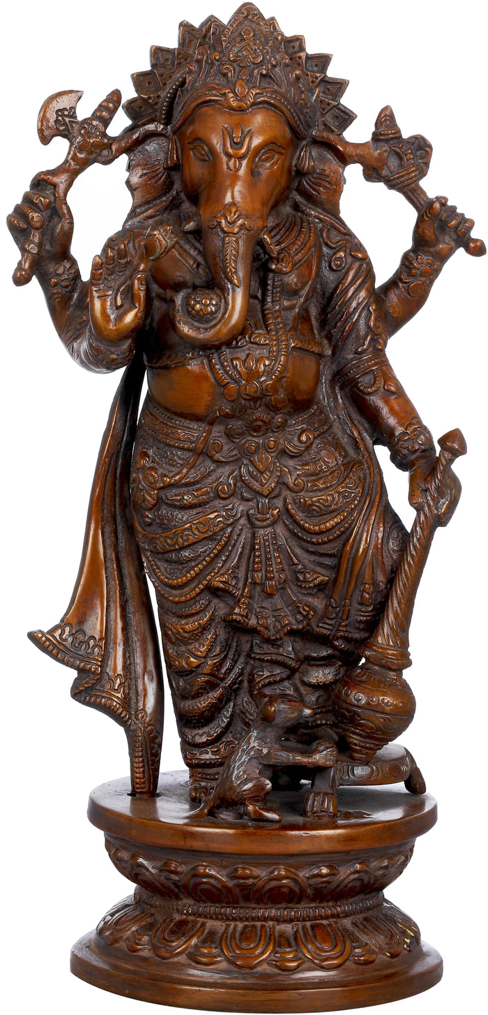 12" Standing Ganesha with Mace Brass Statue Handmade
