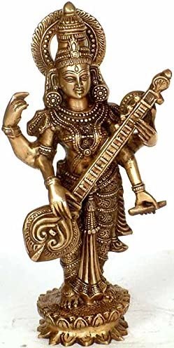 16" Handmade Saraswati Brass Statue for Home Pooja