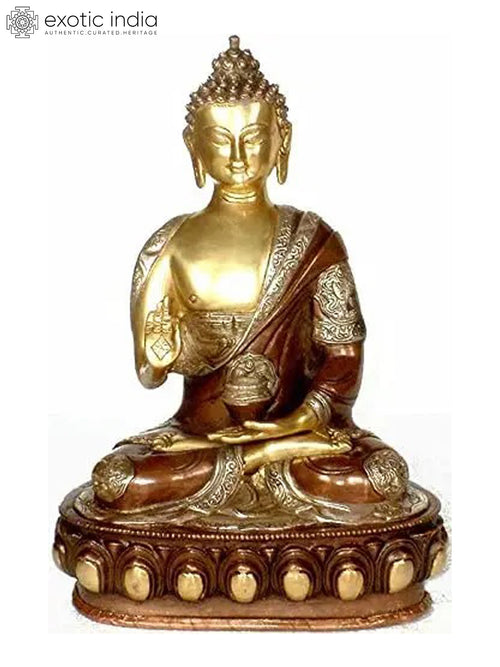 14" Blessing Buddha with Ashtamangala Carved Brass Statue Handmade