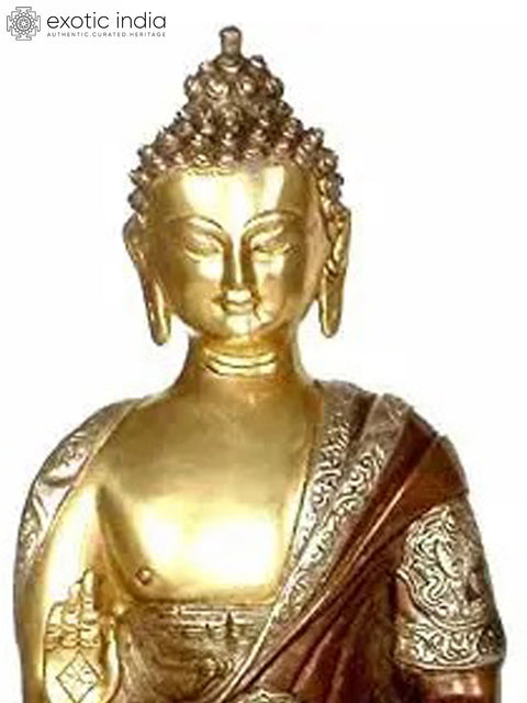 14" The Blessing Buddha with Ashtamangala Carved on His Robe In Brass | Handmade | Made In India