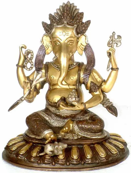 11" Four-Armed Ganesha Handmade Brass Statue for Pooja