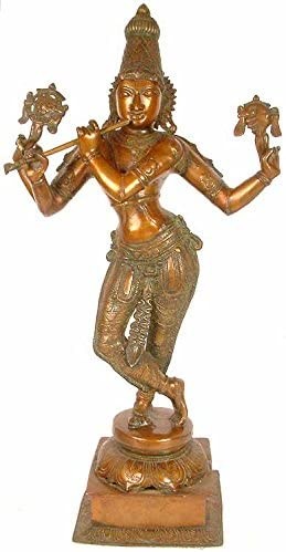28" Handmade Fluting Krishna Brass Statue