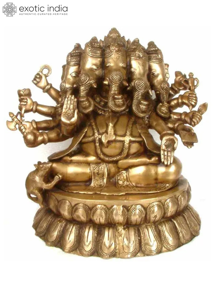 17" Handmade Five-Headed Ganesha Brass Statue