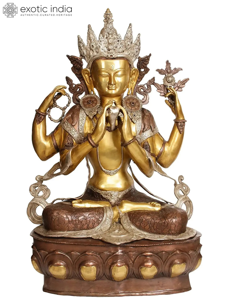 38" Large Chenresig Four-Armed Avalokiteshvara Brass Statue Handmade
