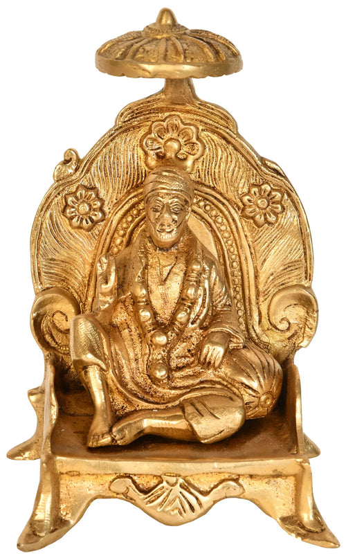 7" Handmade Sai Baba Seated on Throne Brass Statue