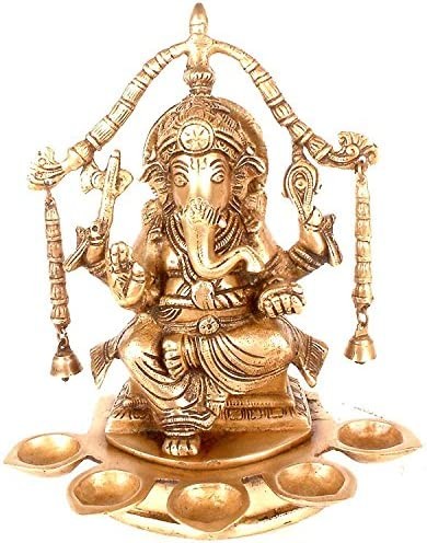 8" Handmade Brass Lord Ganesha Idol with Five Auspicious Lamps