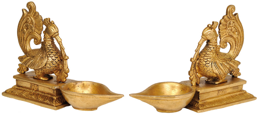 7" Handmade Brass Mayur Peacock Lamps Pair