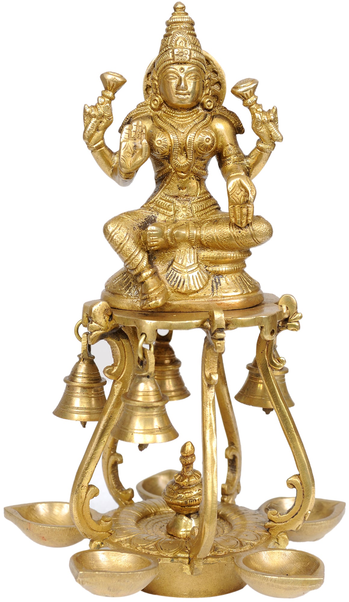9" Brass Lakshmi Lamps with Bells Handmade Statue for Pooja