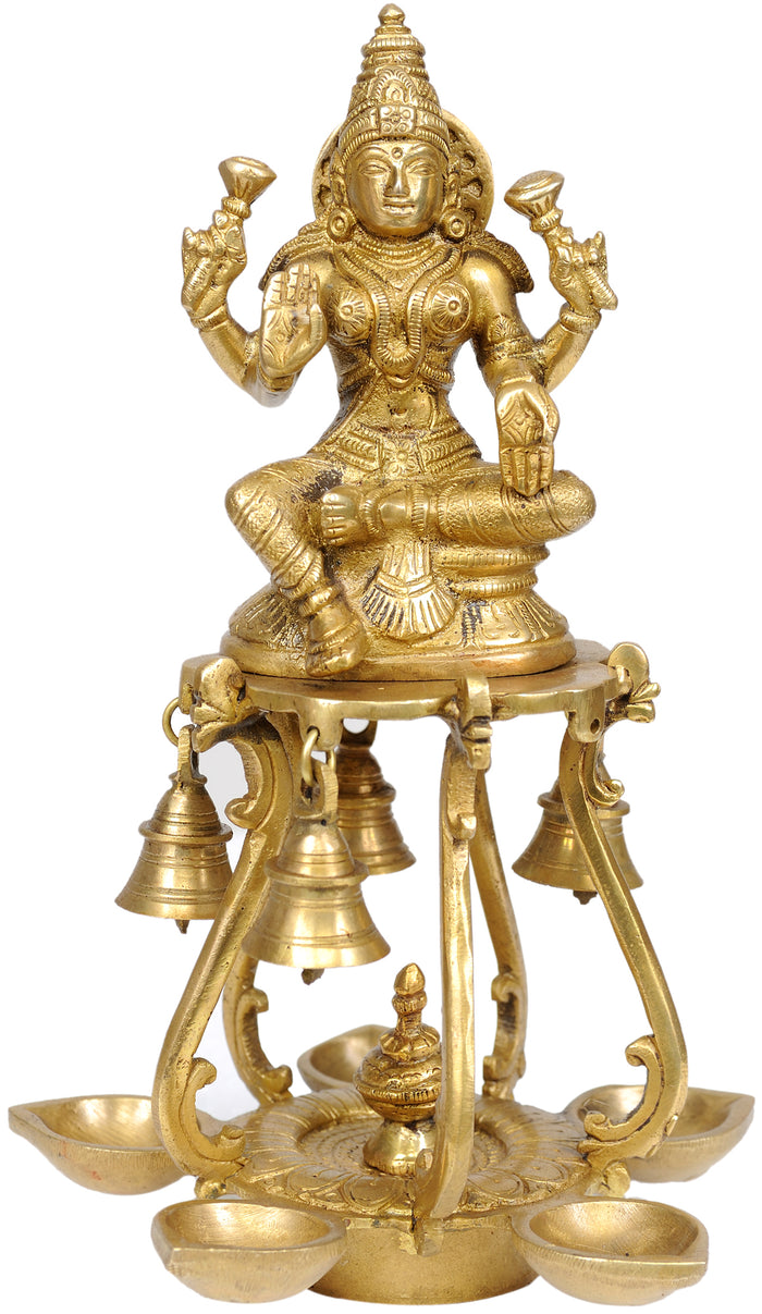 9" Brass Lakshmi Lamps with Bells Handmade Statue for Pooja