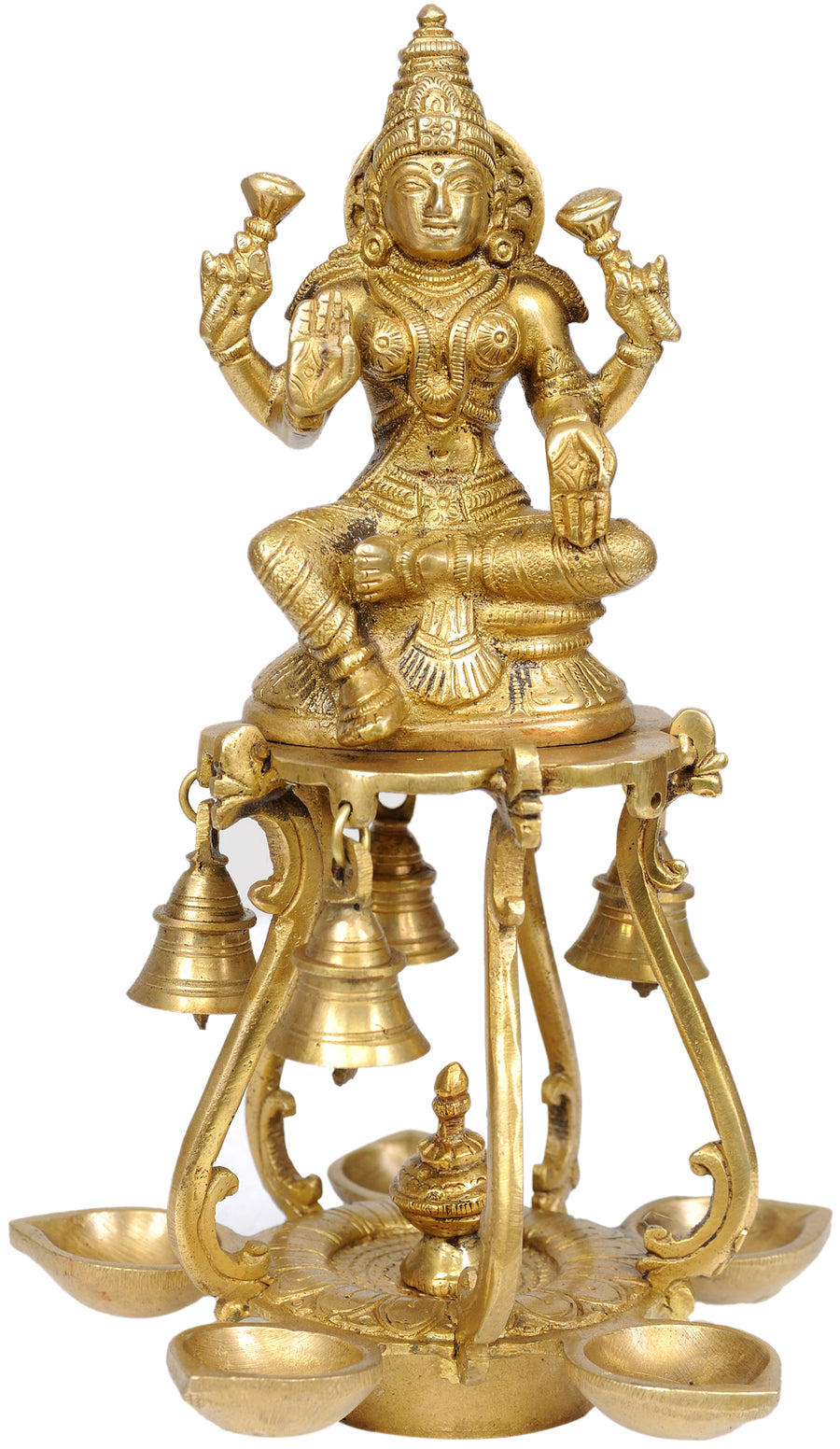 9" Brass Lakshmi Lamps with Bells Handmade Statue for Pooja