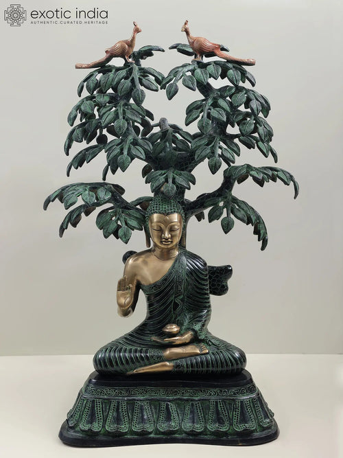 29" Large Buddha Under Bodhi Tree Brass Statue for Home Decor