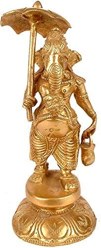 6" Brass Ganesha Idol with Umbrella and Kamandala Handmade