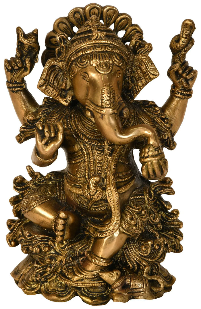 7" Handmade Kamalasana Ganesha Brass Statue for Pooja