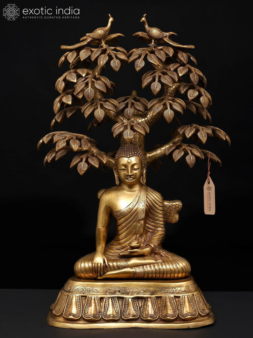 31" Large Handmade Nirvana Buddha Brass Statue Under Tree of Life