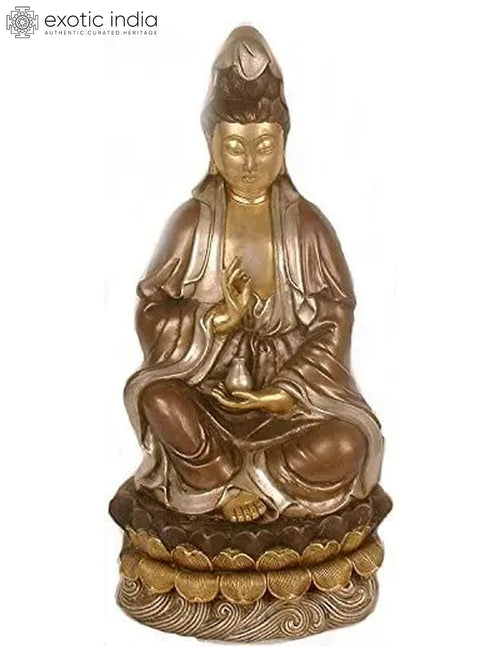 21" Brass Kuan Yin Statue - Handmade Chinese Goddess of Compassion