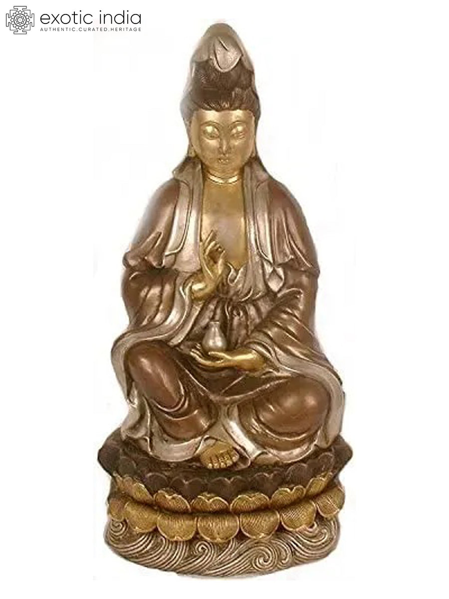 21" Brass Kuan Yin Statue - Handmade Chinese Goddess of Compassion