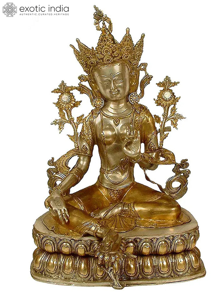 33" Large Green Tara (Tibetan Buddhist Deity) in Brass | Handmade | Made in India