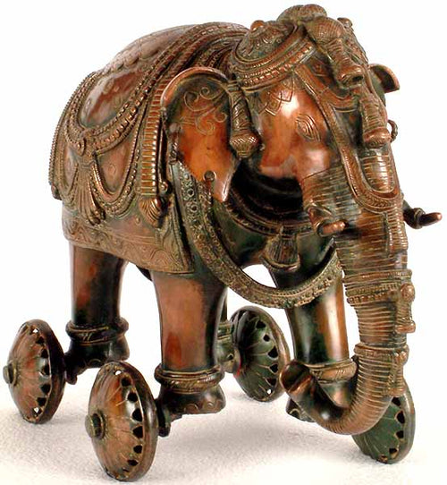 Brass Elephant on Wheels Statue