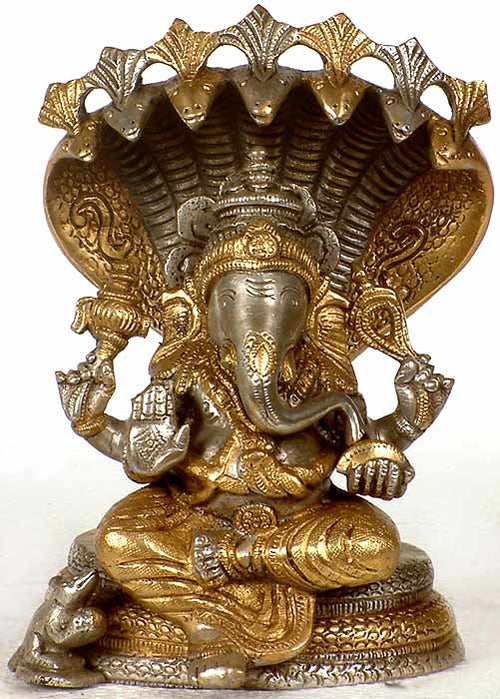 7" Handmade Ganesha Seated on Sheshnaga Brass Idol