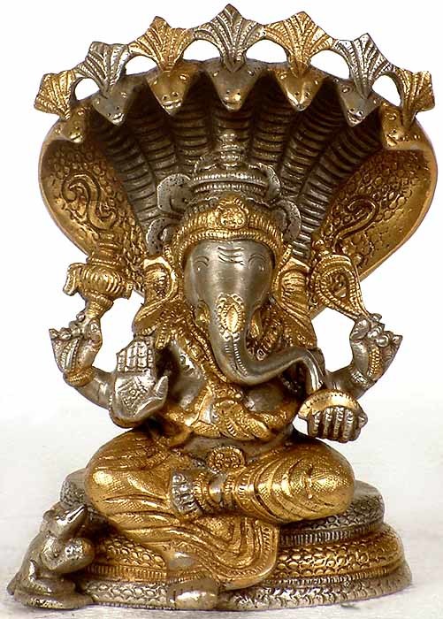 7" Handmade Ganesha Seated on Sheshnaga Brass Idol