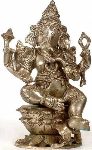 11" Handmade Brass Ganesha Idol Seated on Lotus