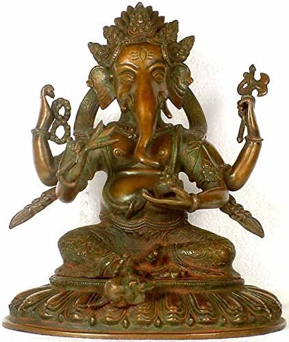 11" Four-Armed Ganesha in Lalitasana Brass Statue Handmade