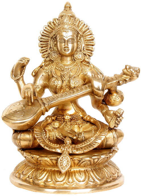9" Goddess Saraswati Handmade Brass Statue for Home Pooja