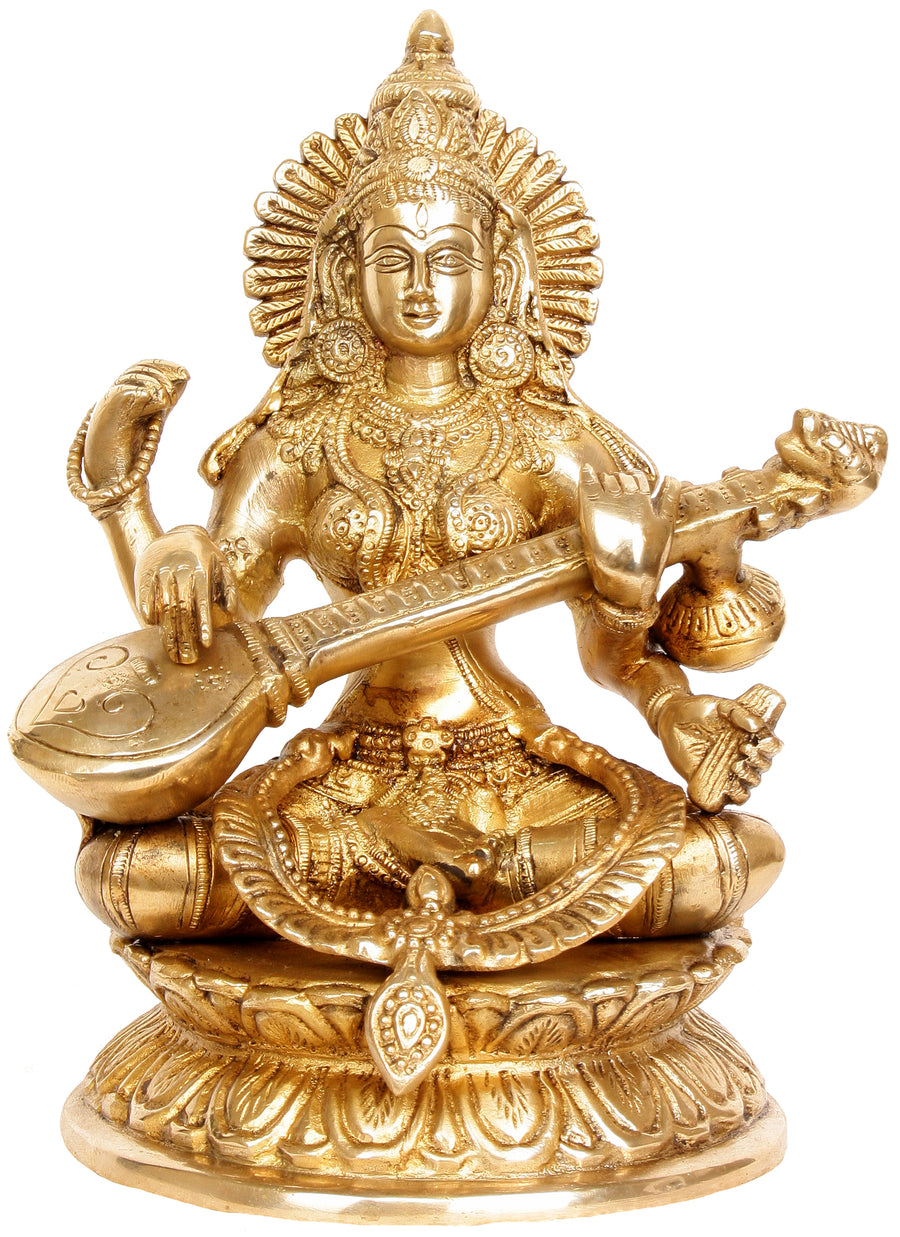 9" Goddess Saraswati Handmade Brass Statue for Home Pooja