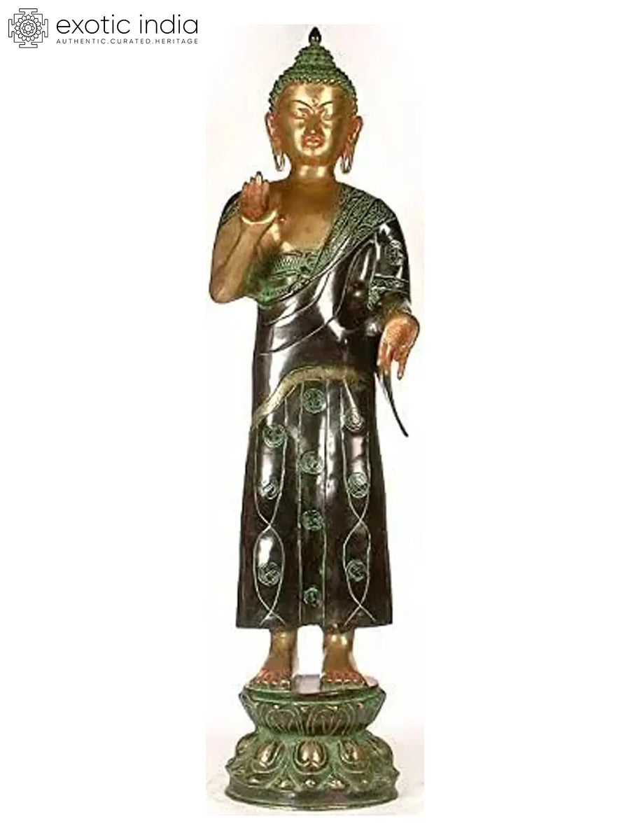 33" Large Walking Buddha Handmade Brass Statue