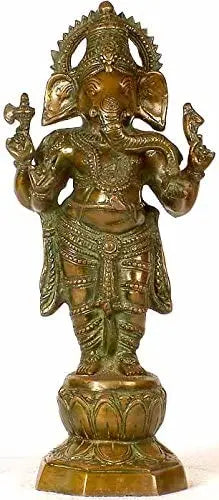 14" Four-Armed Standing Ganesha Brass Statue Handmade
