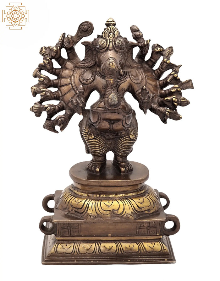 8" Sixteen-Armed Vira-Ganesha Brass Statue Handmade