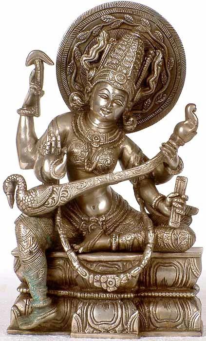 11" Devi Saraswati Brass Statue | Handmade Brass Idol