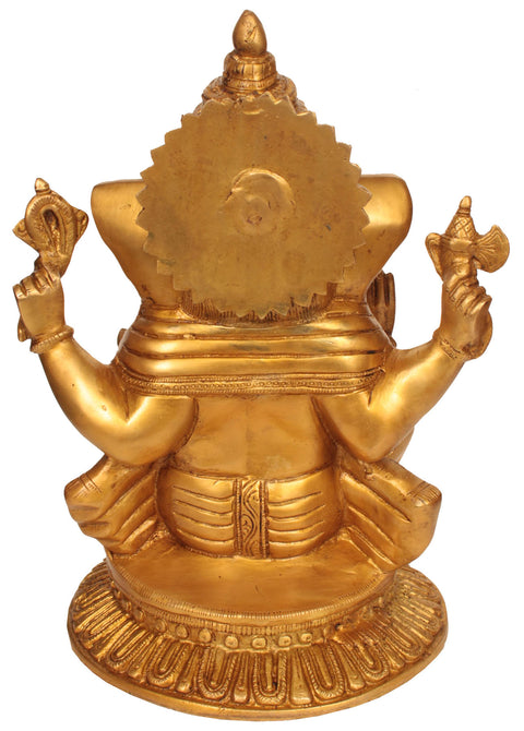 12" Four Armed Seated Ganesha Granting Abhaya In Brass | Handmade | Made In India