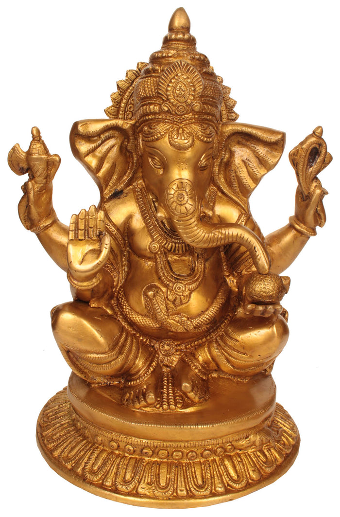 12" Four Armed Seated Ganesha Handmade Brass Idol