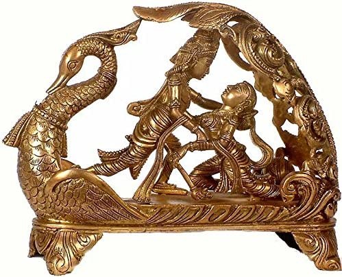 8" Radha Krishna Swan Throne Brass Statue Handmade
