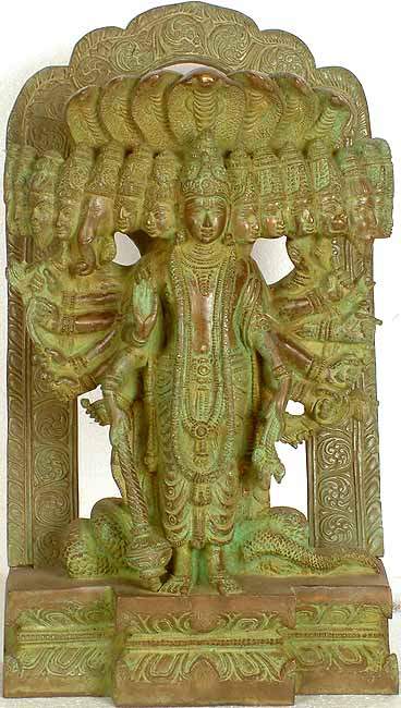 14" Lord Vishnu Idol in His Cosmic Magnification | Handmade Religious Brass Figurine