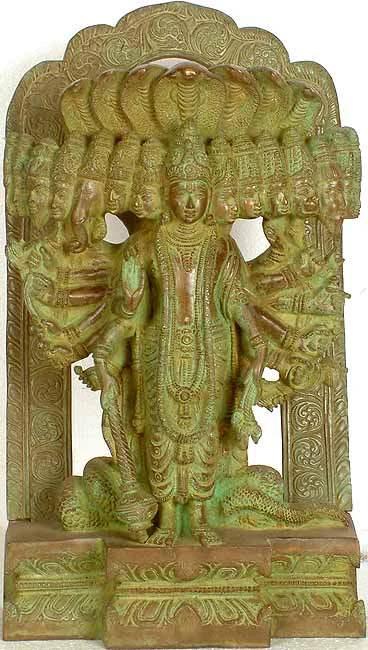 14" Lord Vishnu Idol in His Cosmic Magnification | Handmade Religious Brass Figurine