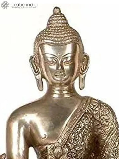 11" Tibetan Buddhist Deity- Medicine Buddha with Wide Lotus Base (Robes Decorated with Scenes from the Life of Buddha) In Brass | Handmade | Made In India